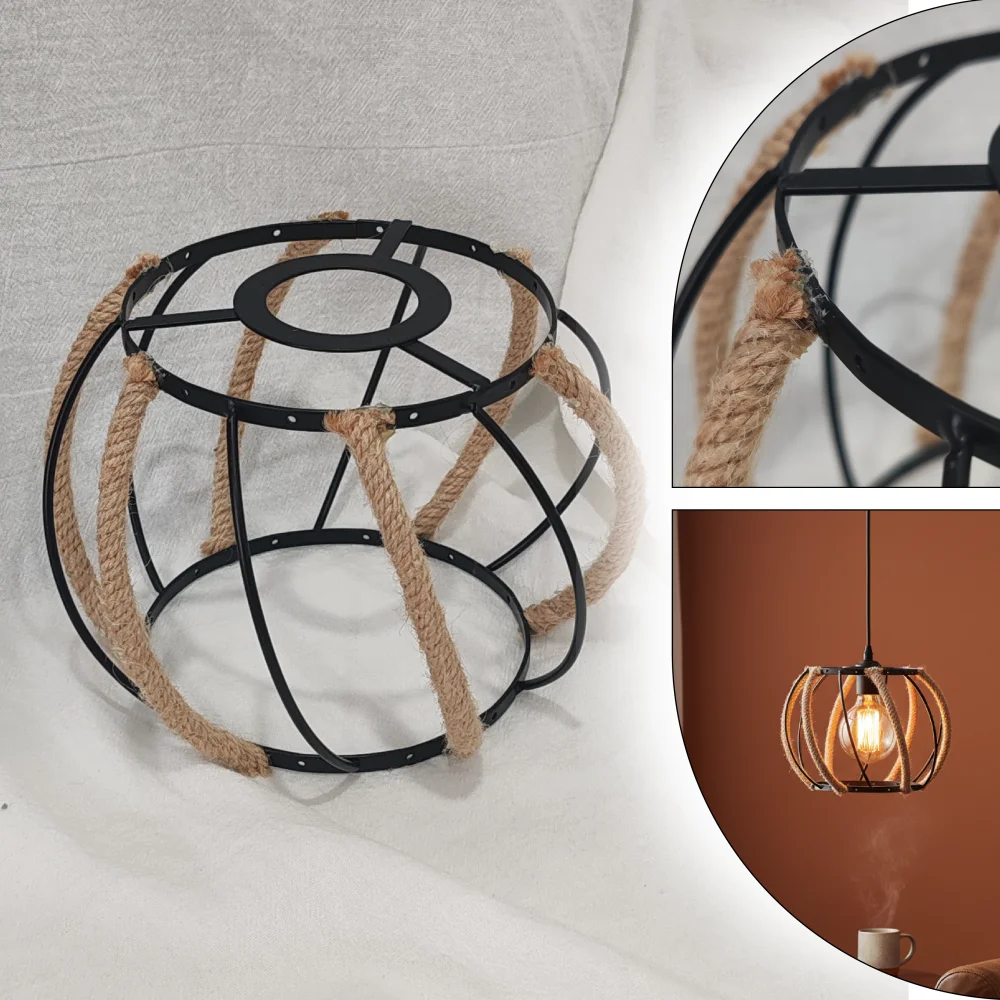 Rustic Round Metal Jute Woven Lamp Shade Handmade Pendant Cover for Kitchen Island Dining Room Farmhouse DIY Lighting Accessory
