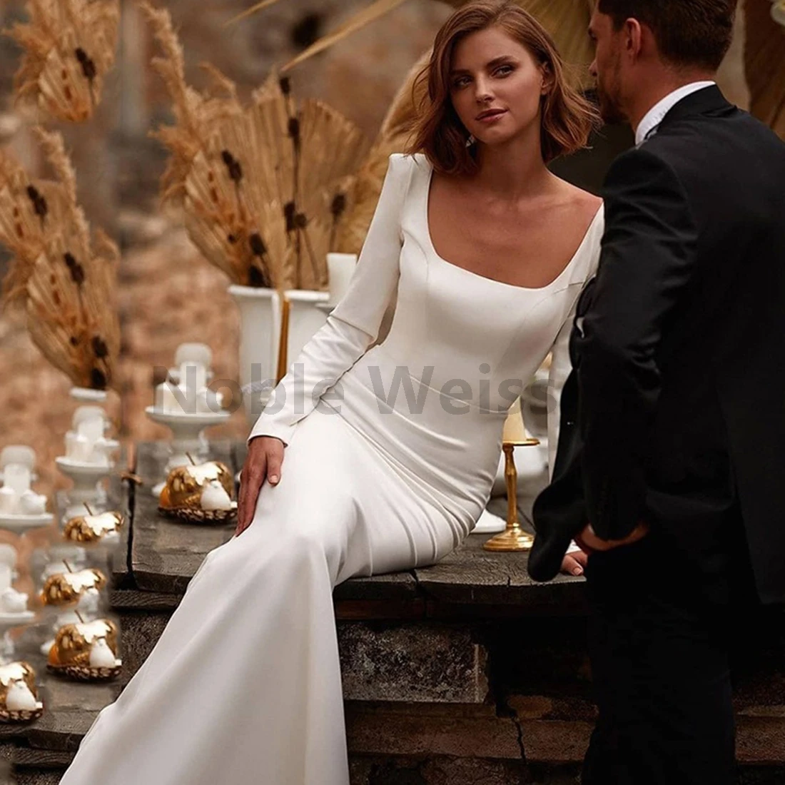 

Soft Satin Mermaid Wedding Dress Long Sleeve Elegant Simple Bride Gown Customize