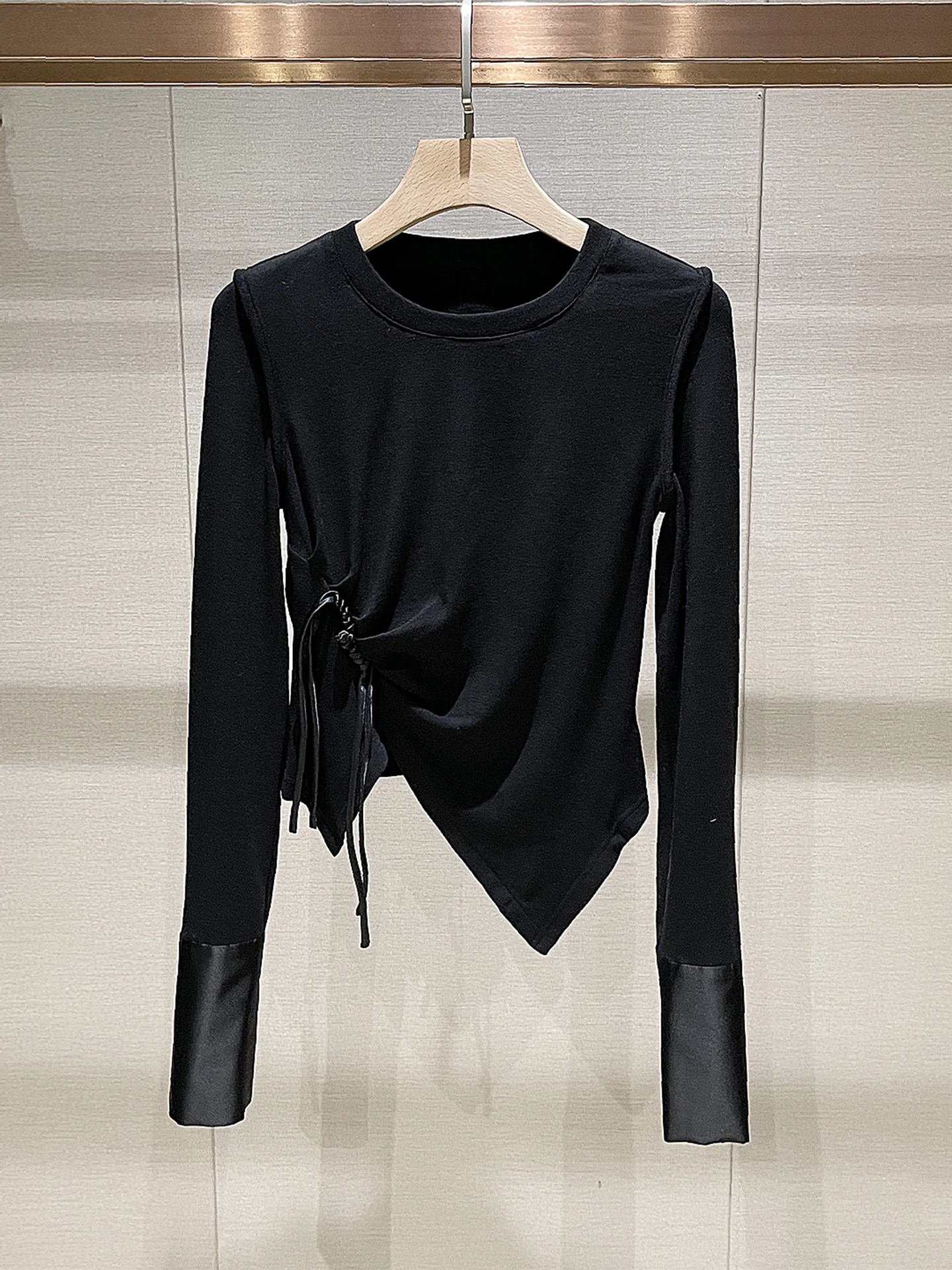 

Slimming Effect Long Sve round Ne Knot Casual Sle Knitted Top for Women Spring New Arrival Bla Slim Fit T-...