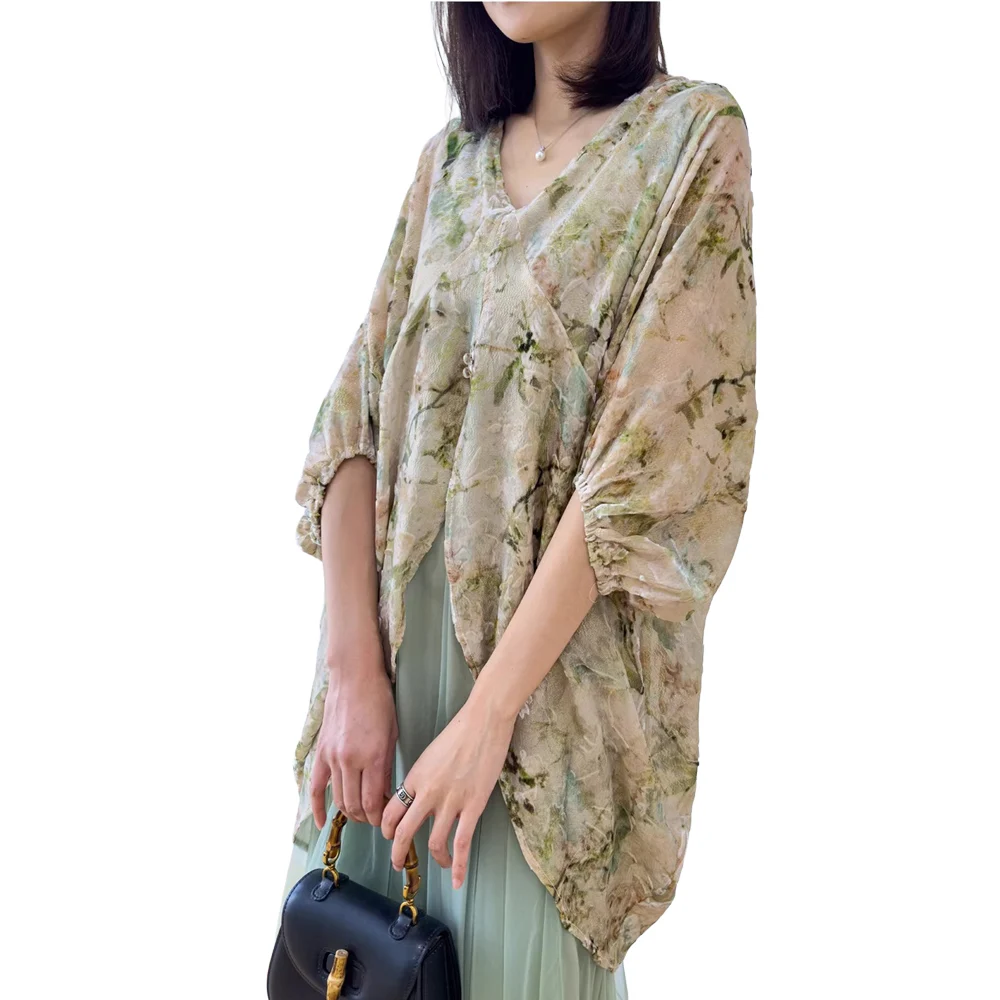 2026 Women's Spring/Summer New Natural Mulberry Silk Gold Thread Velvet V-neck Batwing Sleeve Double Layer Printed Dress