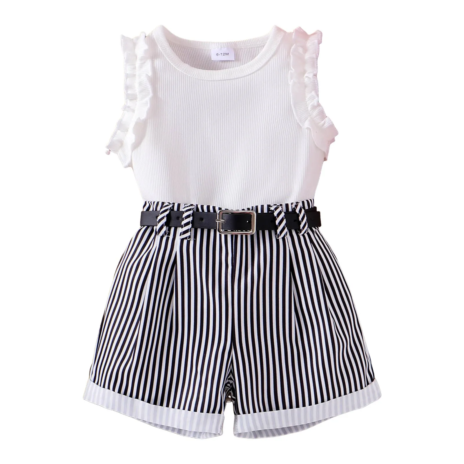 Girls Baby Vertical Pattern Shorts Vest Belt Outer Wear Spring And Summer Casual Three Piece Suit San Valentin Ropa NiñA