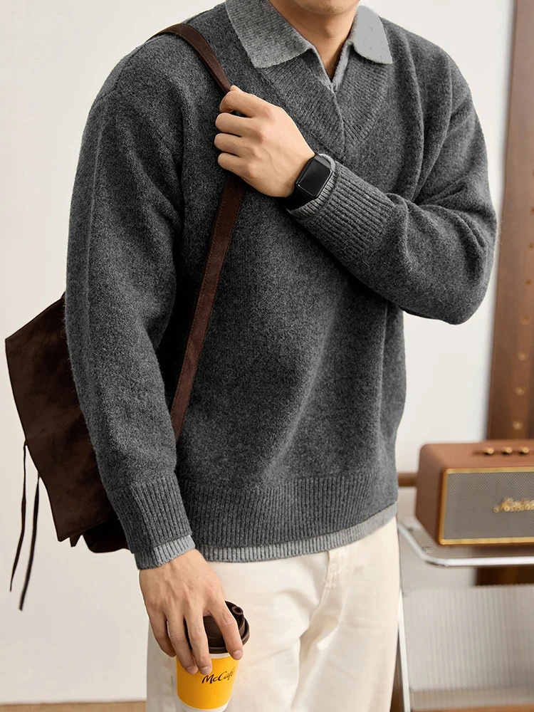 

Outdoor Casual Mens Patchwork Sweater Polo Shirts Knitting Turn-down Collar Long Sleeve Jumper Tops Men Autumn Vintage Sweaters