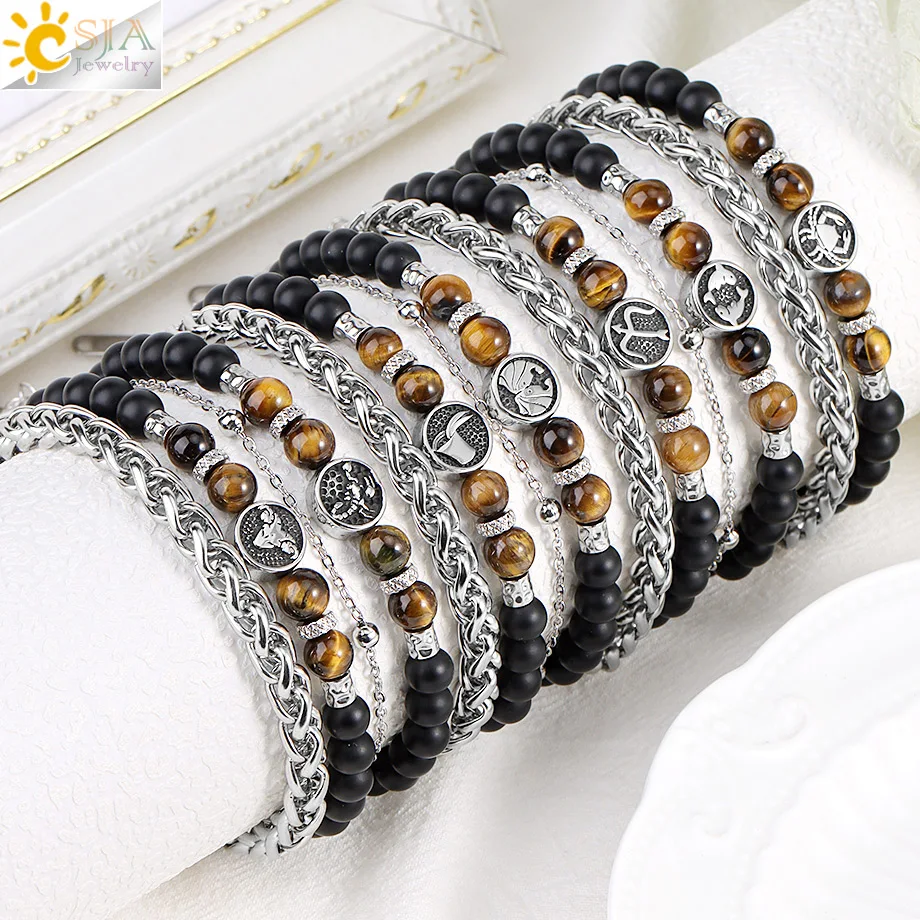 

12 Constellations Men Bracelets Stainless Steel Bracelet Natural Stone Tiger eye Bead Bangle Double Layer Bracelets Jewelry H657