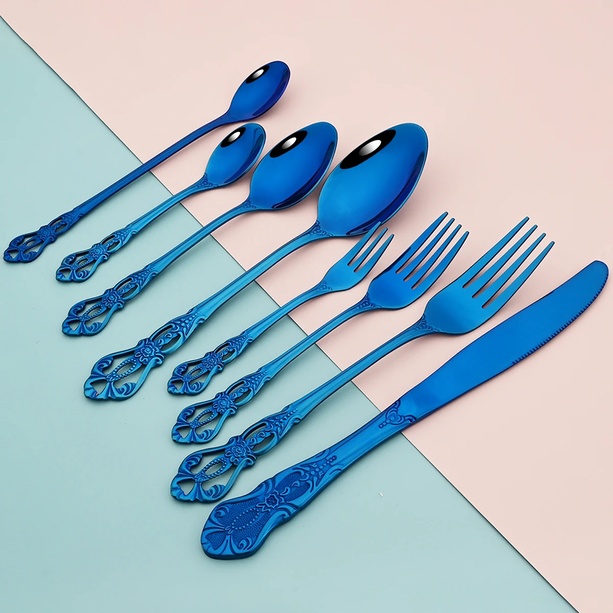 

8Pcs Blue Stainless Steel Cutlery Set Vintage Dinnerware Set Knife Fork Dessert Spoon Tableware Long Spoon Cake Fork Flatware