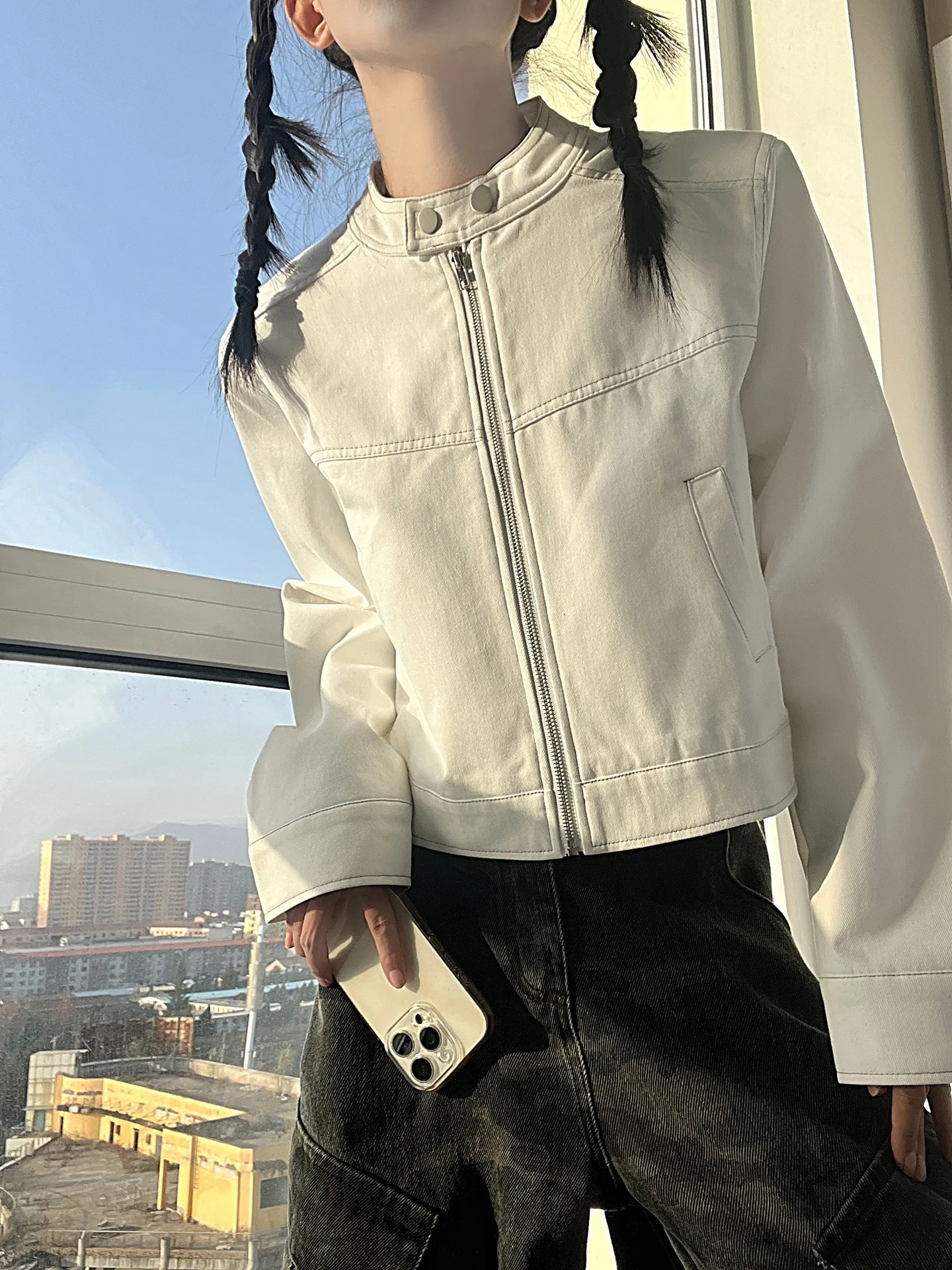 

Cotton Village Sweet Cool Style White Stitching Stand Collar Denim Jacket Women Casual Commute Versatile Jacket Top