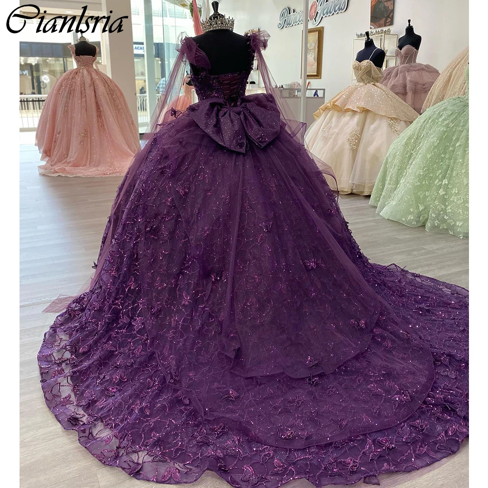 Vestido De baile De quinceañera con lentejuelas púrpuras, cintas De encaje, hombros descubiertos, corsé con lazo De mariposa 3D, 15 Años