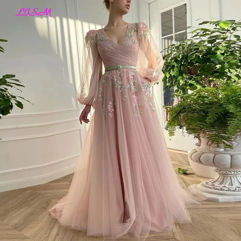 

LISM Pink Fairy Prom Dresses A-Line V-Neck Illusion Puff Sleeve Party Gowns for Graduation Long Flowers Bead Tulle Evening Dress