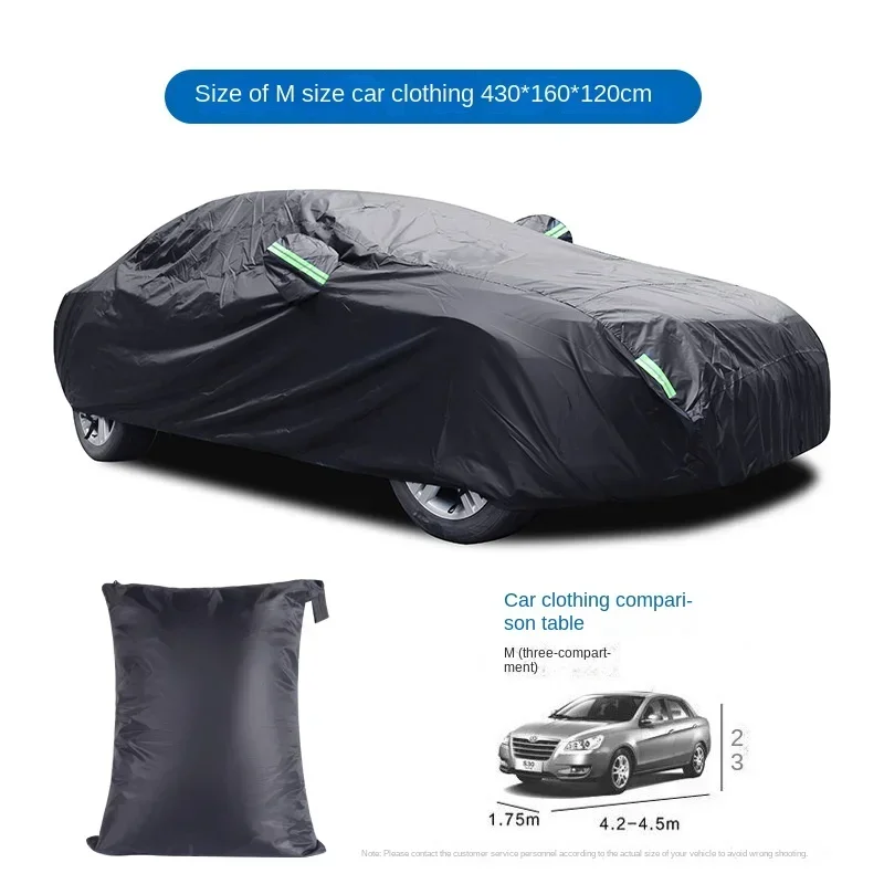 Nova capa de carro, tecido revestido de prata 190t preto completo, capa de carro para proteção solar contra chuva com faixa reflexiva capa de carro de poliéster