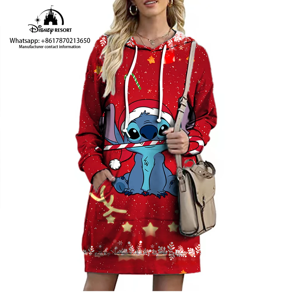 Christmas Disney Brand Stitch Cartoon Long Hoodie Autumn New Mini Sexy Long Sleeved Dress Korean Fashion Elegant Ladies Party