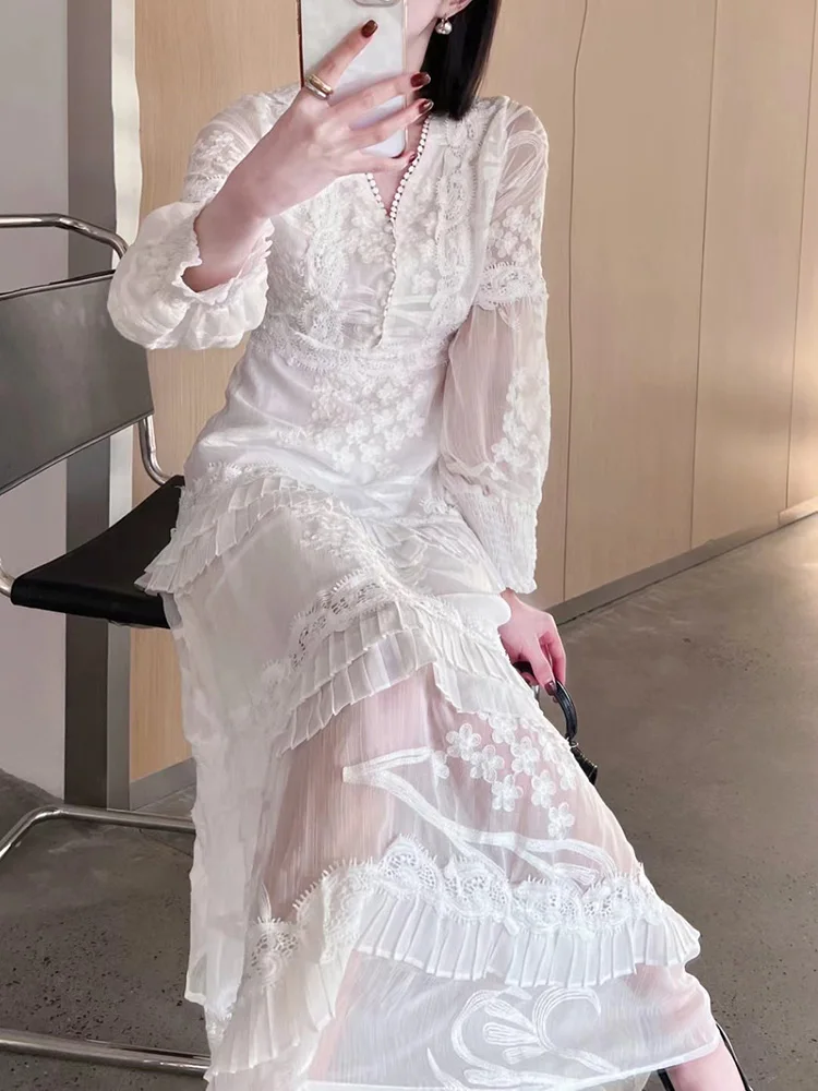 GypsyLady Elegant Lace Chic Maxi Dress Fairy White High Street Spring Summer Holiday Women Long Sleeve Ladies Dresses Vestidos