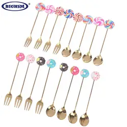 4pcs Stainless Steel Donuts Candy Spoon Forks Kitchen Tableware Milk Coffee Stirring Spoons Dessert Cake Tools Cutlery Spoon