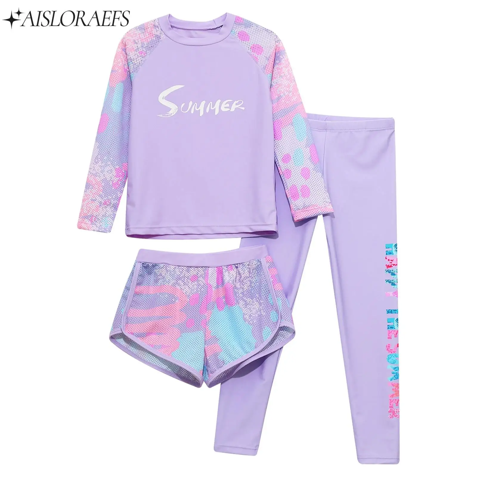 

3PCS Toddler Baby Girls Swimsuit Long Sleeve Print Floral Rash Guard Tops+ Shorts with Pants Set Quickly Dry Breathable Swimwear