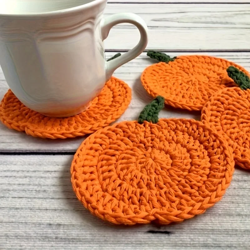 Set of 2 Crochet Coasters Featuring Fall Pumpkins,Perfect for Halloween & Thanksgiving Themed Parties.Handmade Woven Orange Mats