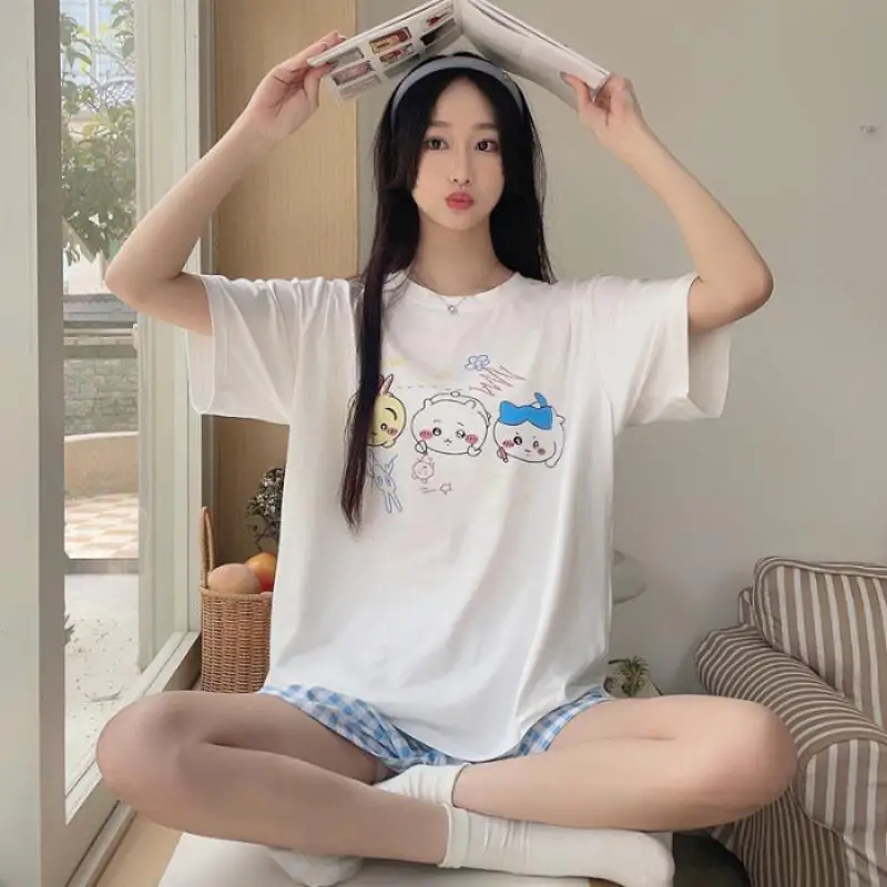 Cartoon Chiikawa Pajamas Set Usagi Hachiware Momonga Summer Casual Homewear Cute Loose Nightwear Anime Sweet Sleepwear Girl Gift