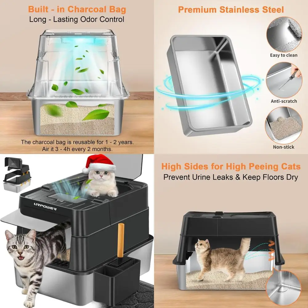 

Extra Large 110° Flip-Top Stainless Steel Litter Box with Lid, High-Sided, Odor-Free, Easy Clean, Front & Top Entry