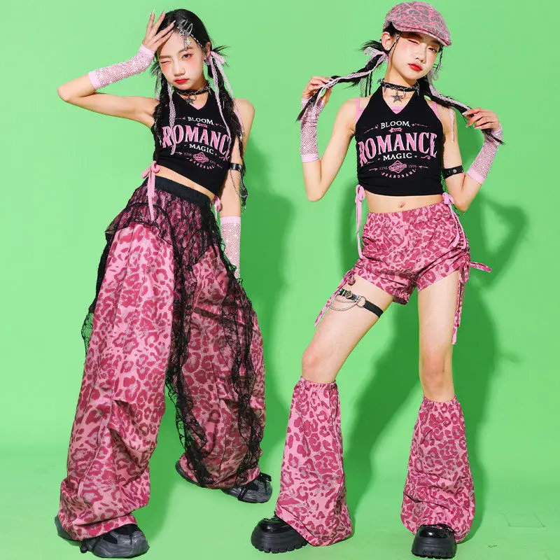 

Girl Jazz Dance Costume Kpop Performance Stage Outfit Pink Leopard Pants Black Tank Top Kid Fashion Runway Show Clothing AMY3661