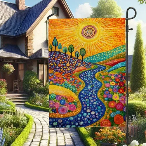 Vibrant Summer Landscape Garden Flag, Colorful Sun River Hills, 12x18 Inch XXQ