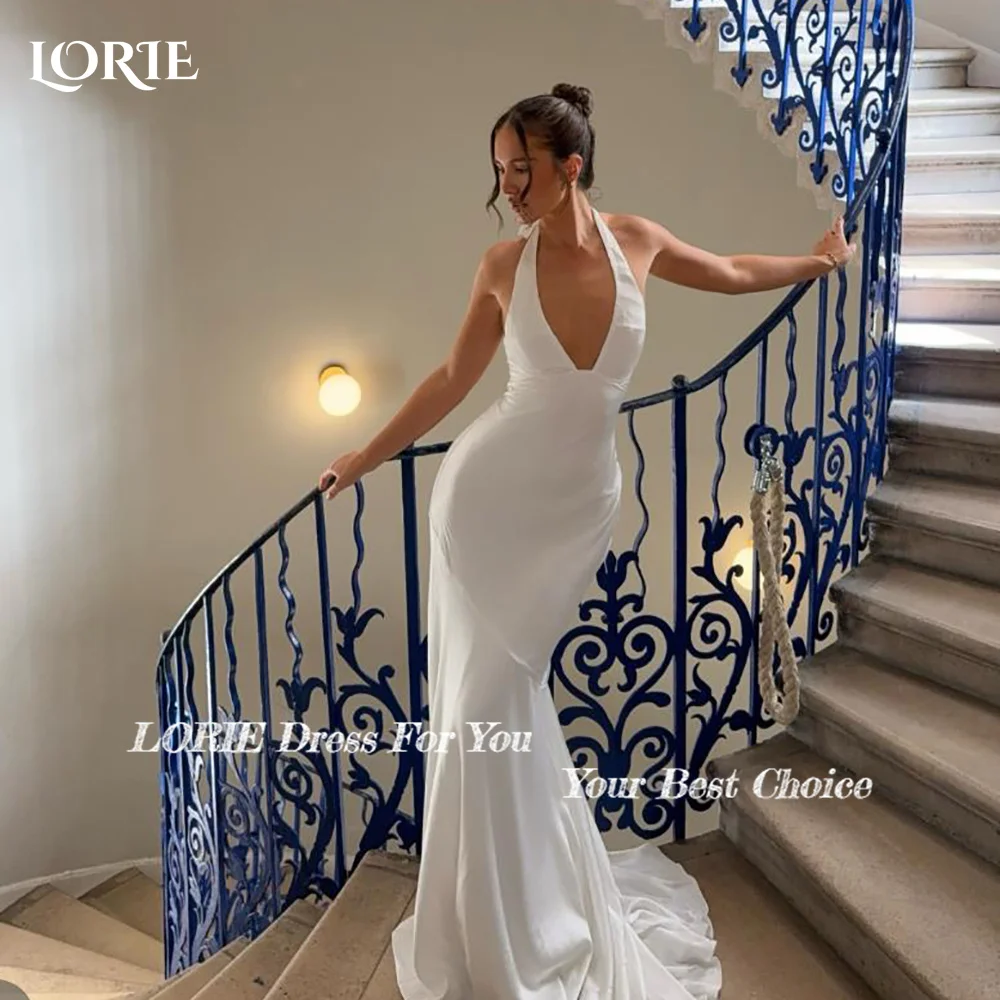 LORIE Satin Halter Wedding Dresses 3D Flowers A-Line Bridal Gown Slit Crepe Customized Pleat Party Gown 2026 vestido de noiva