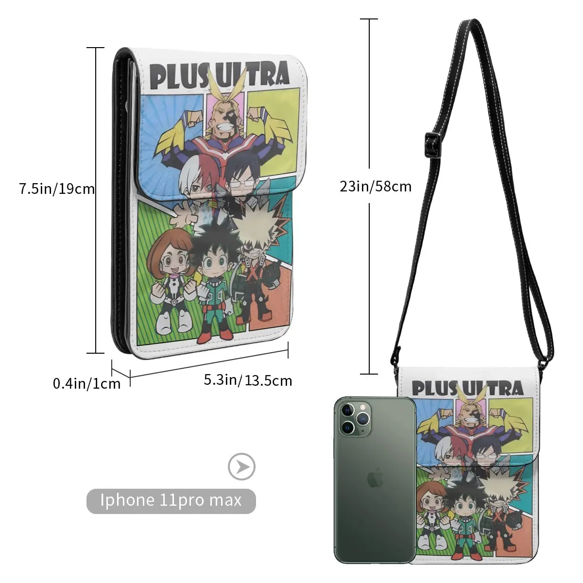 My Hero Academia Anime Crossbody Carteira, Bolsa para Celular, Bolsa de Ombro, Bolsa para Celular, Alça ajustável