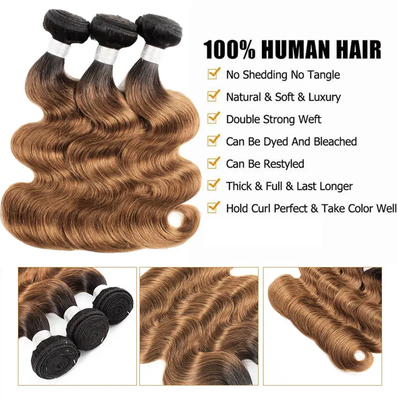 Brazylijskie pasma typu Body Wave z zamknięciem 1B/27 pasma blond włosów Remy z zamknięciem pasma kolorowych włosów Ombre z zamknięciem