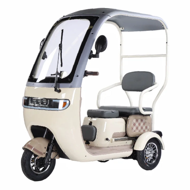 This three-wheeled electric vehicle features a heavy-duty design and a stable construction, with comfortable seats making it