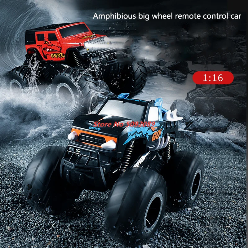 2.4G 1/16 Scale Amphibious Big Wheel RC Car Waterproof Off Road Vehicle Driving On Road and Water Racing Car Flash Lights Toys