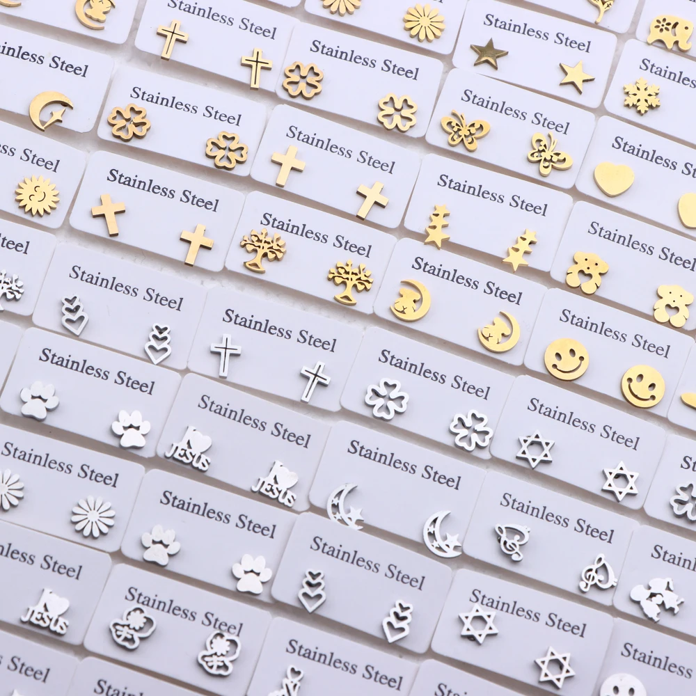 30Pairs/Lot Fashion Simple Stainless Steel Stud Earrings For Women Flower Mixed Style Jewelry Accessories Party Gift Wholesale