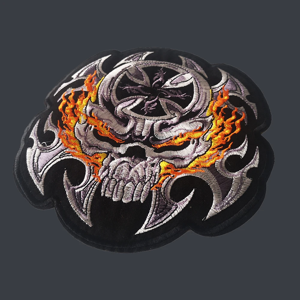 7.5\'\' inches Embroidery Patches Fire Skull Angry Flame Skeletonfor Jacket Back Vest Motorcycle Biker 17.8cm*19cm Needwork DIY