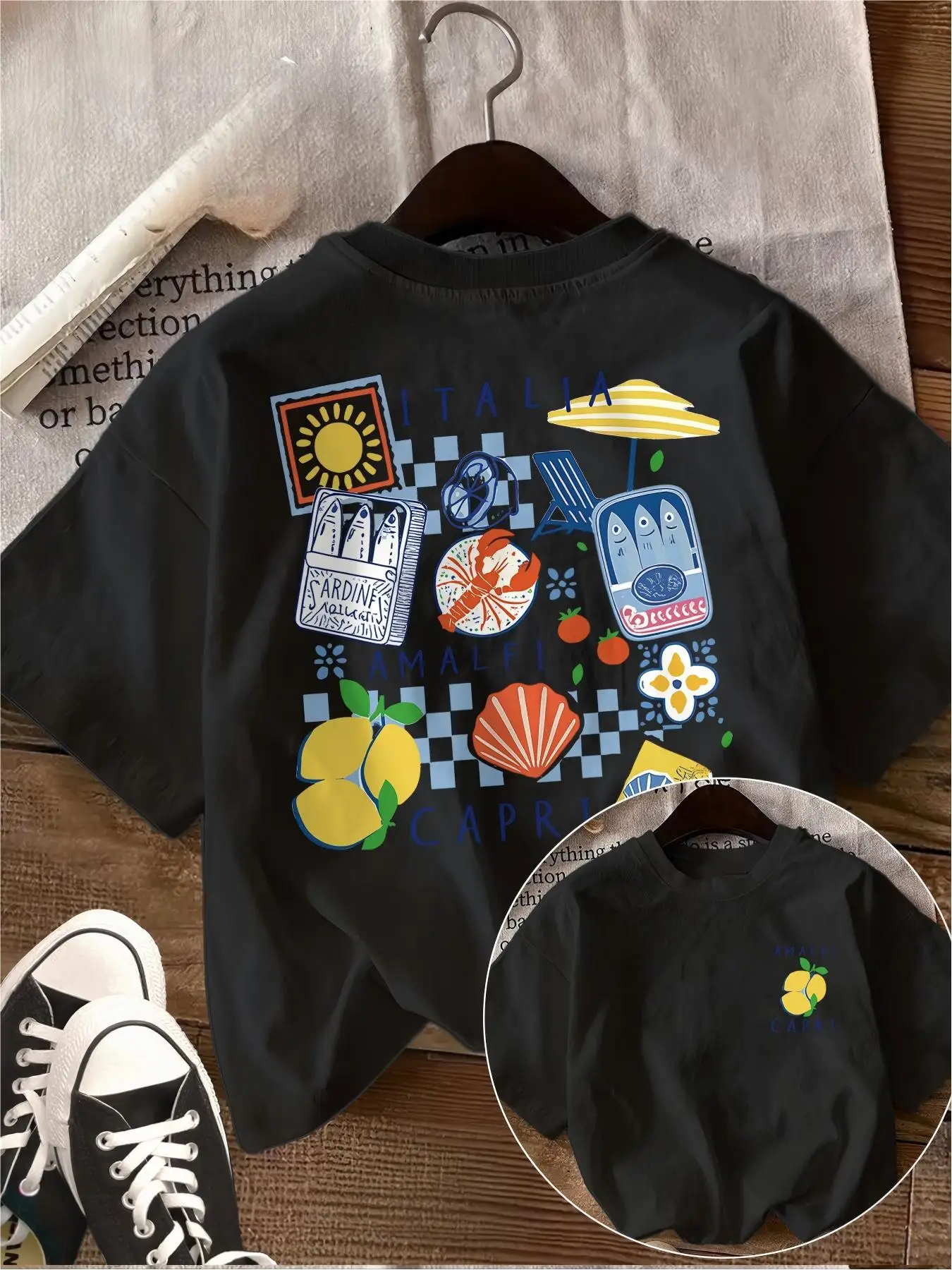 Italia Amalfi Capri Print Kurzarm-T-Shirt, Retro Italienisches Sommer-Grafik-T-Shirt für Damen, Lässiges Zitronenblumen-Oberteil für den Alltag