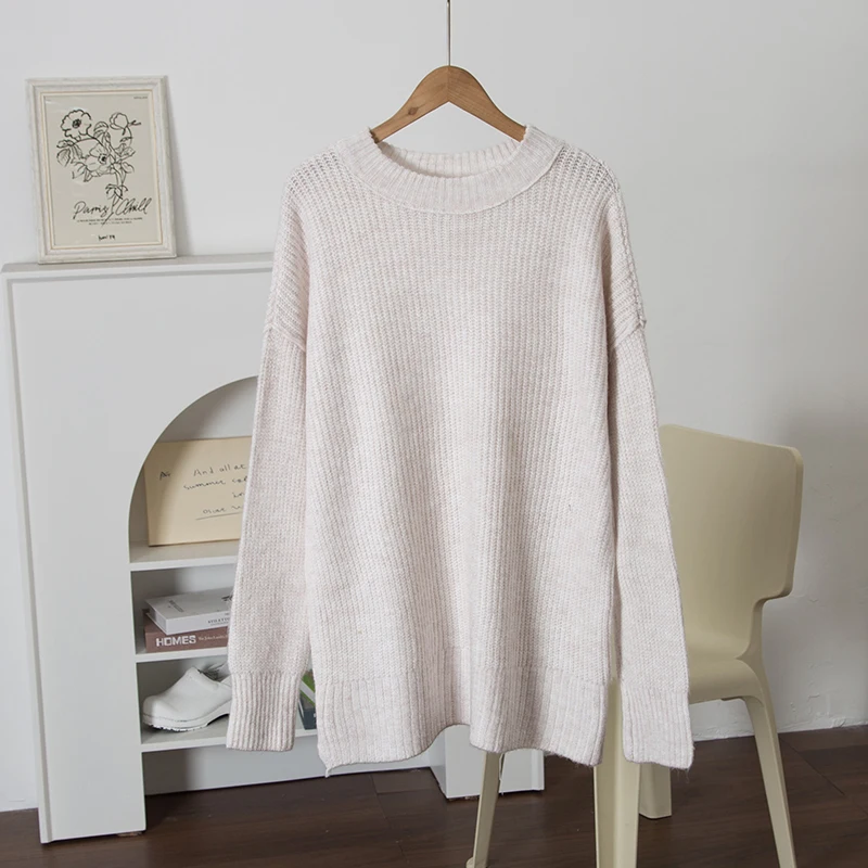 

Autumn Winter Soft Oats Long Loose Women's Knitted Sweater round Ne Pullover Pure Color Comfortable Warm Top
