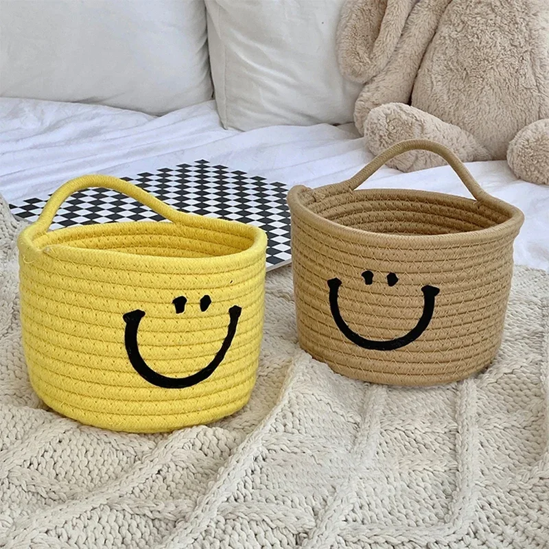 Handwoven Storage Basket Cute Cosmetic Storage Box Cotton Rope Hanging Baskets Desktop Sundries Organizer with Handle Home Decor