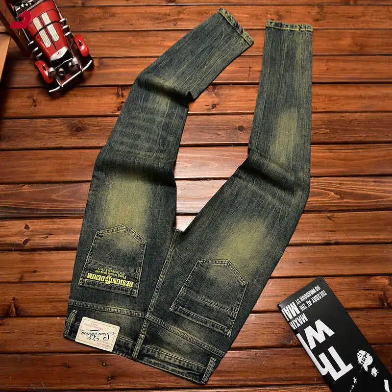 

High end American retro denim men's trendy brand washed, worn-out, printed, slim fit, small foot elastic, trendy long pants