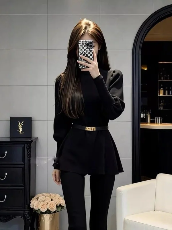 

Bla Lantern Sve Slim Fit Long Sve Sweater Thi Winter Sle Women's French Faion Waist-Cinching Knit Top