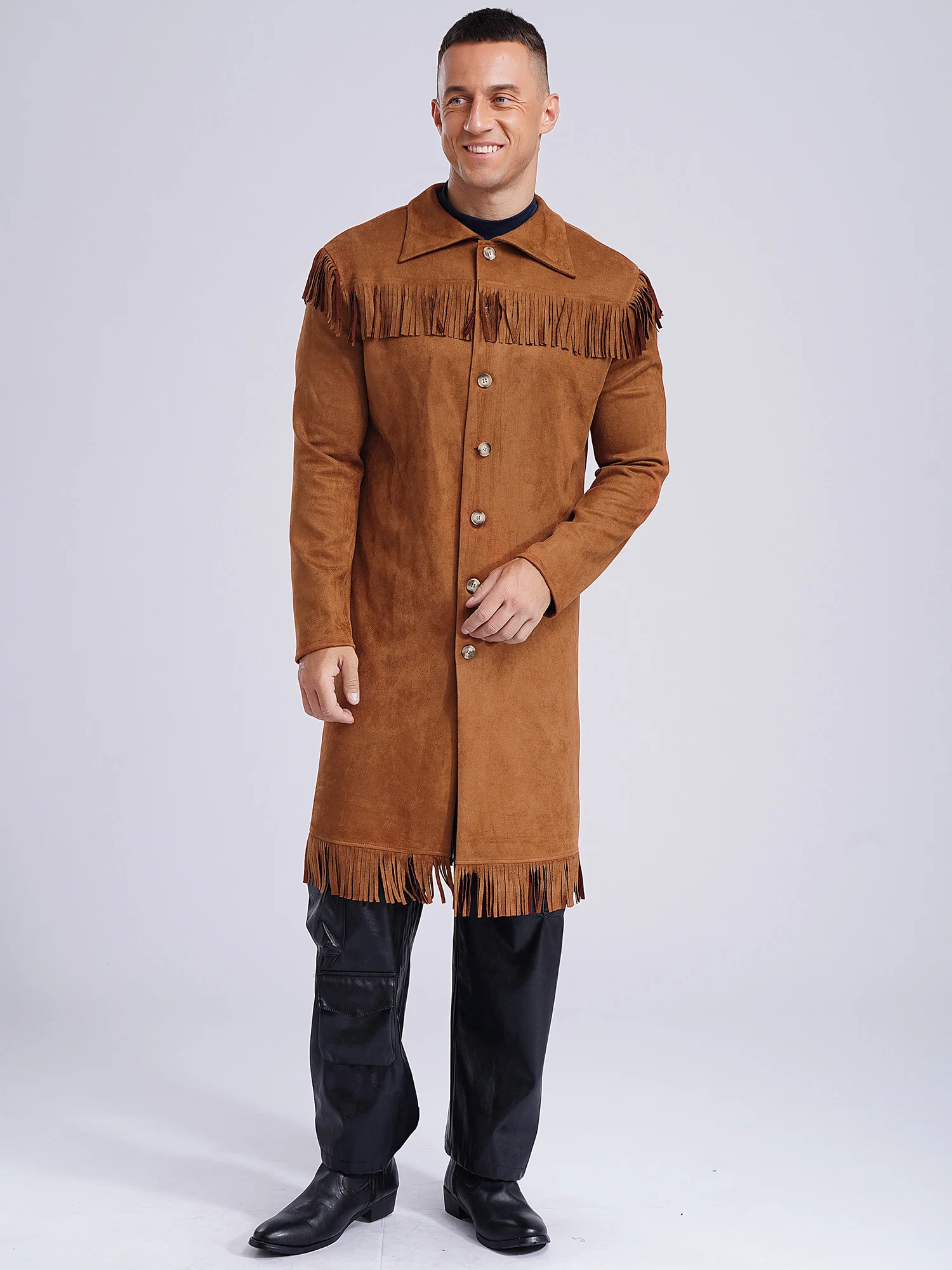 Mens Western Cowboy Cosplay Costumes Lapel Long Sleeve Long Jacket Button-up Tassel Faux Suede Coat Outerwear Halloween Party