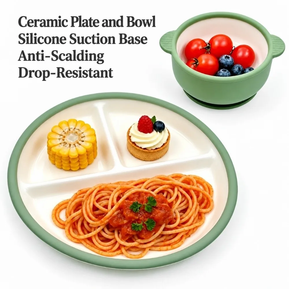 Ceramic Baby Feeding Bowl Divided Into Compartments with Silicone Suction Cup Baby Tableware Food Grade Anti Scald Baby Dish