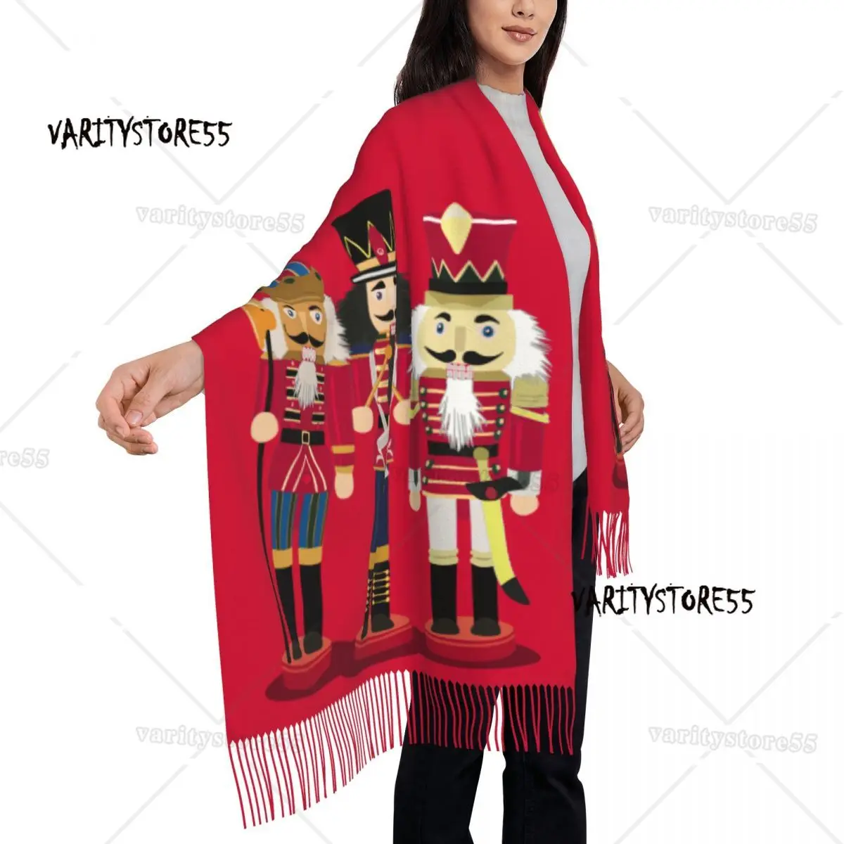 Custom Lady Large Nutcracker Soldier Toy Christmas Gift Scarves Women Winter Fall Thick Warm Tassel Shawl Wrap Scarf