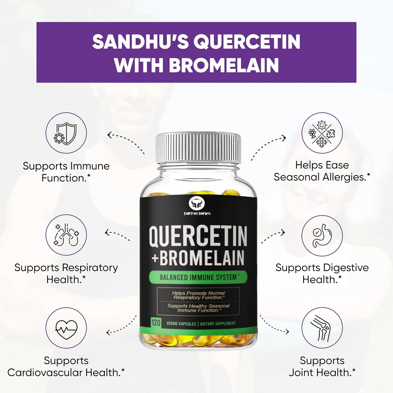 Top Factories Quercetin with Bromelain Supplement Complex 120 Capsules Boosts Immunity Respiratory Naturally