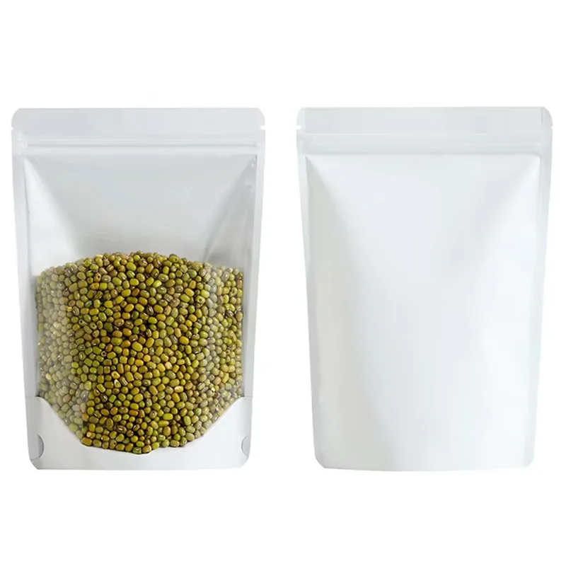 100pcs White Stand-up Pouch with 1-side-transparent Self-sealing Packaging Bags for Flour Food Grains Peanut Nuts image 3