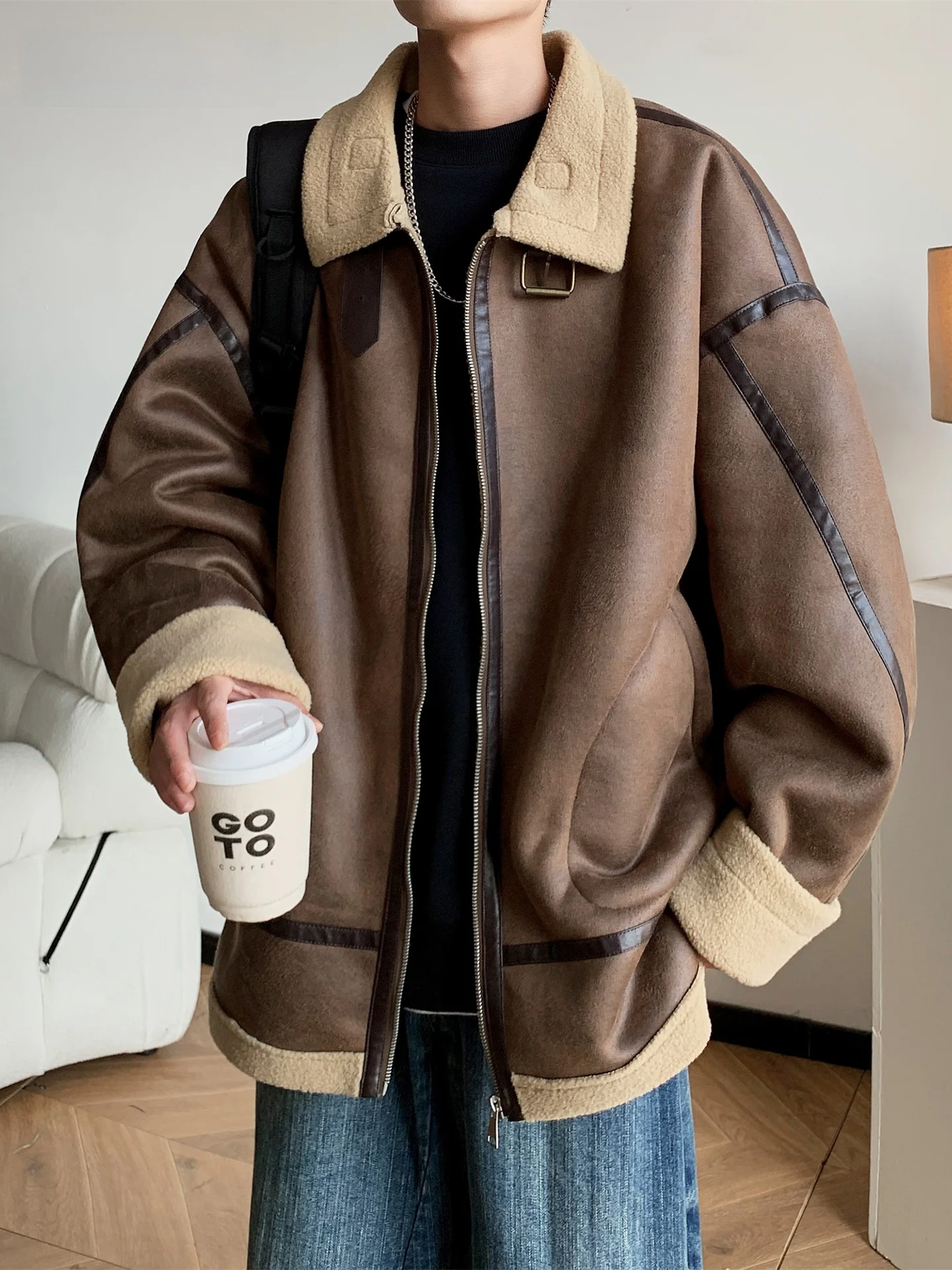 ملابس رجالية من جلد الغزال من American Sle ملابس شتوية دافئة من الجلد والفرو المتكامل للدراجات النارية ملابس قطنية #3