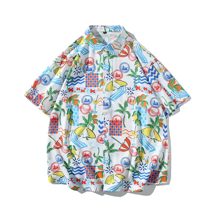

Men's Fashion Hawaiian Shirt Geometric Flower Print Single-Breasted Blouse Beach Short Sleeve Top for Holiday