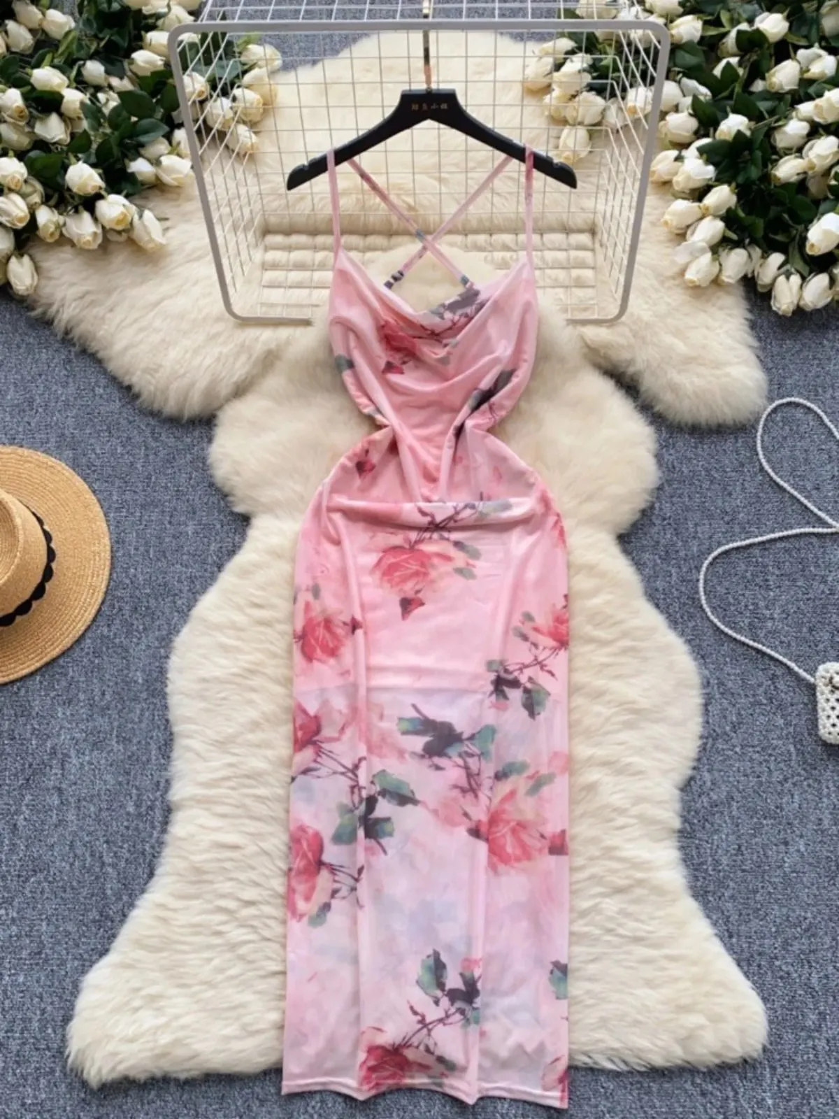 Foamlina 2025 Floral Print Mesh Long Dress Women Spaghetti Strap Hollow Out Ruffled Neck Sleeveless Bodycon Maxi Summer Wear