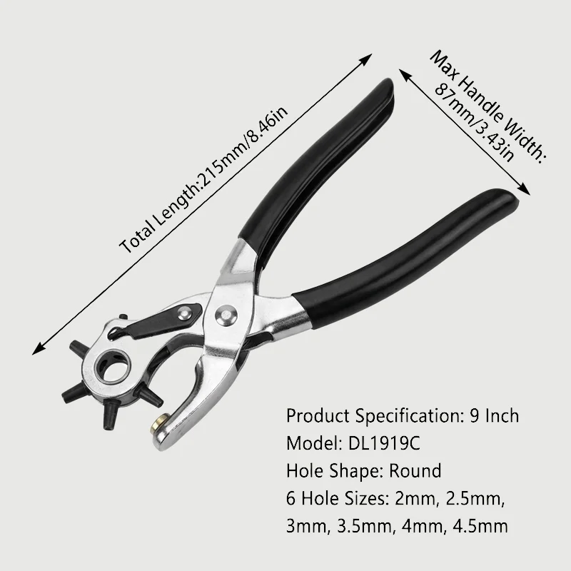 9-Inch Round Hole Punch Pliers 6 Interchangeable Sizes 2-4.5mm Alloy Punch Head for Belts Leather Bags Hard Cards Piercing