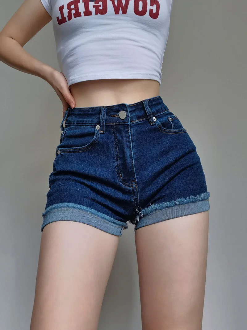 American Style Spicy Girl High Waisted Denim Shorts Women's 2024 Summer New Elastic Wrap Hip Long Rolled Edges Slim Shorts D473