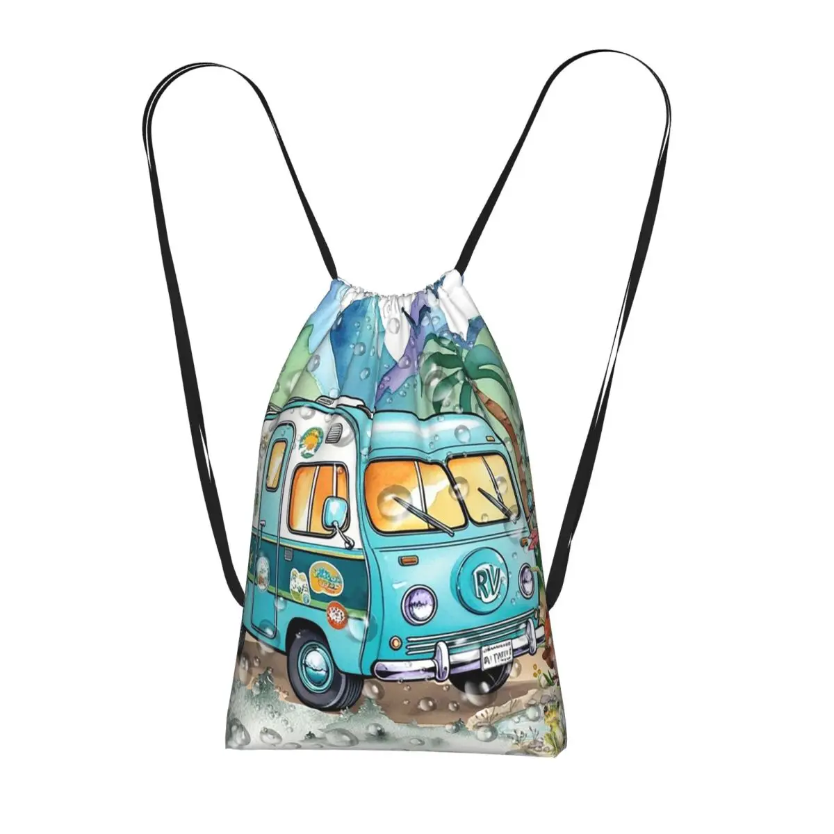 Beach Cartoon Camping Vehicle Backpacks Multi-function Drawstring Bundle Pocket Storage Bag Book Bags for Man Woman School