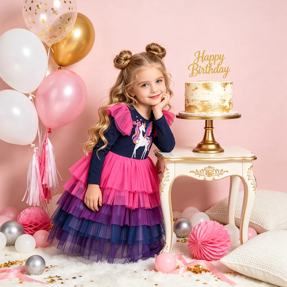 DXTON Baby Mädchen Baumwollkleider Frühling Herbst Kinder Langarm-Kleid Einhorn Kleinkind Festtags-Party Mehrlagiges Tüll-Kleid – Detail 2