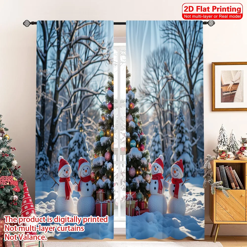 

2pcs 2D flat printing Christmas Drapes Winter Snowman Christmas Tree Gifts_b 100% Polyester Fabric Without Electricity Festive