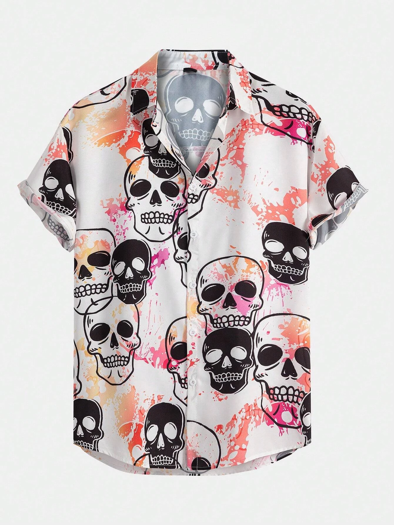 Men Women Skull Pattern Print Shirts Casual Design Short Sleeve Fashion Button Tops