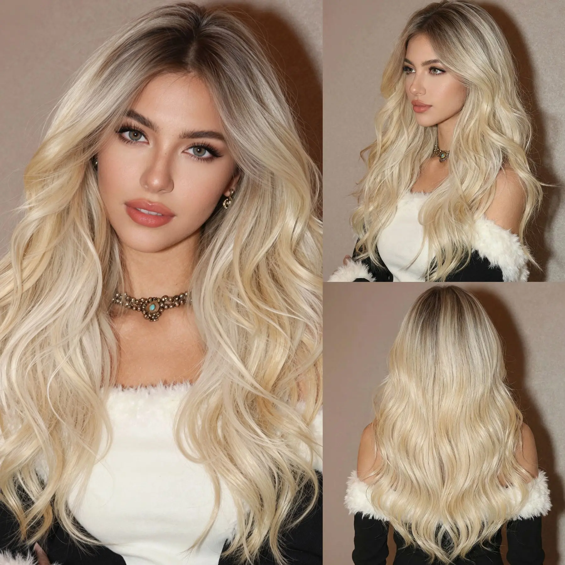 Peluca Larga Ondulada Ombre Rubio Sin Flequillo para Mujer, Rubio Cenizo Natural con Raíces Oscuras, Cabello Sintético Resistente al Calor, Marca ALAN EATON