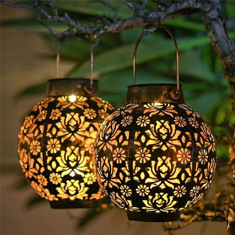 

ABAE-2Pcs Waterproof Solar Lanterns Outdoor Moroccan Metal Hanging Lights For Garden Patio Porch Backyard Decoration