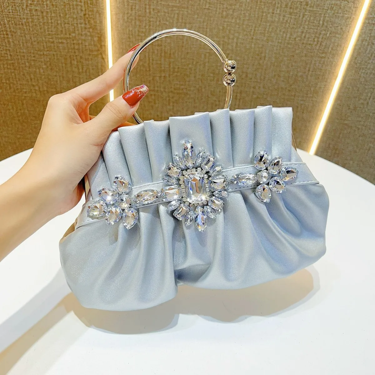 

Rhinestone Evening Bag Women’s Gold Purple Blue Fashion Silk Clutch Elegant Stone Tote Ladies Chain Shoulder Handbag Purse